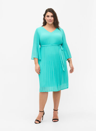 Pleated dress with 3/4 sleeves, Turquoise, Model image number 2
