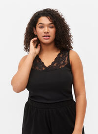 Ribbed pyjama top with lace, Black, Model
