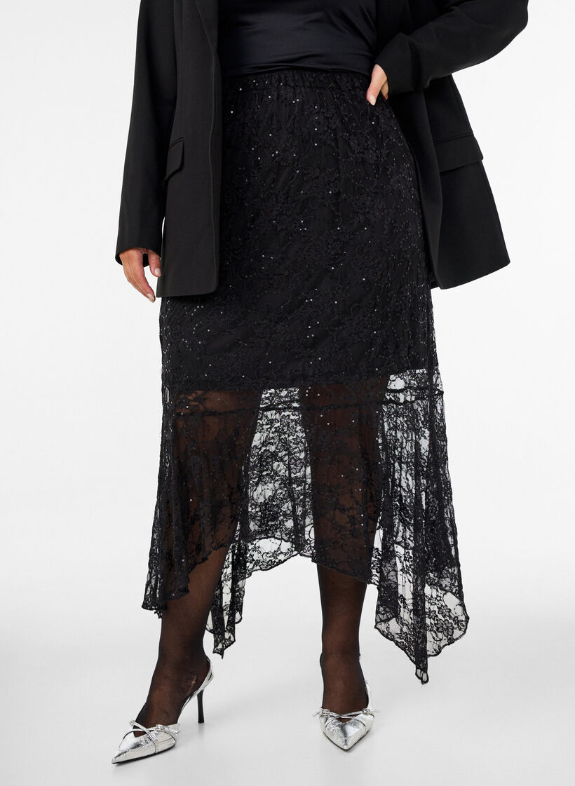 Lace midi skirt with sequins, Black, Model image number 0