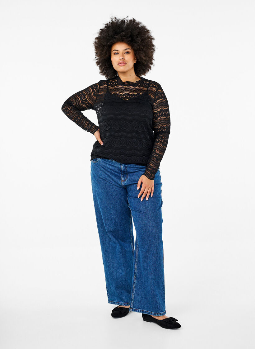 Lace blouse with long sleeves, Black, Model image number 2