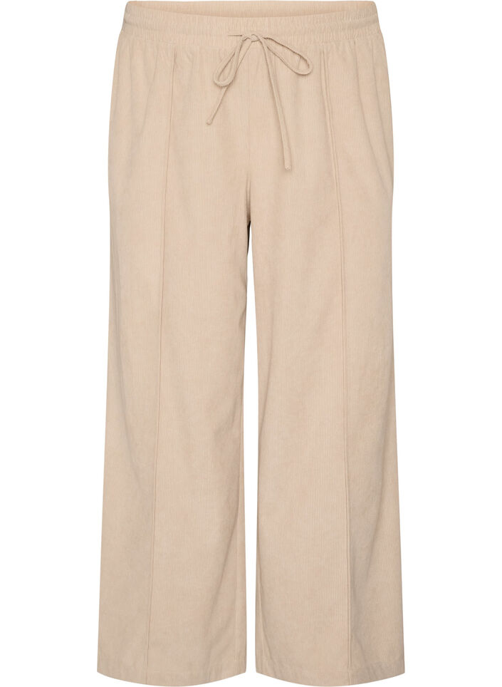 Corduroy trousers with wide legs and a high waist, Beige, Packshot image number 0