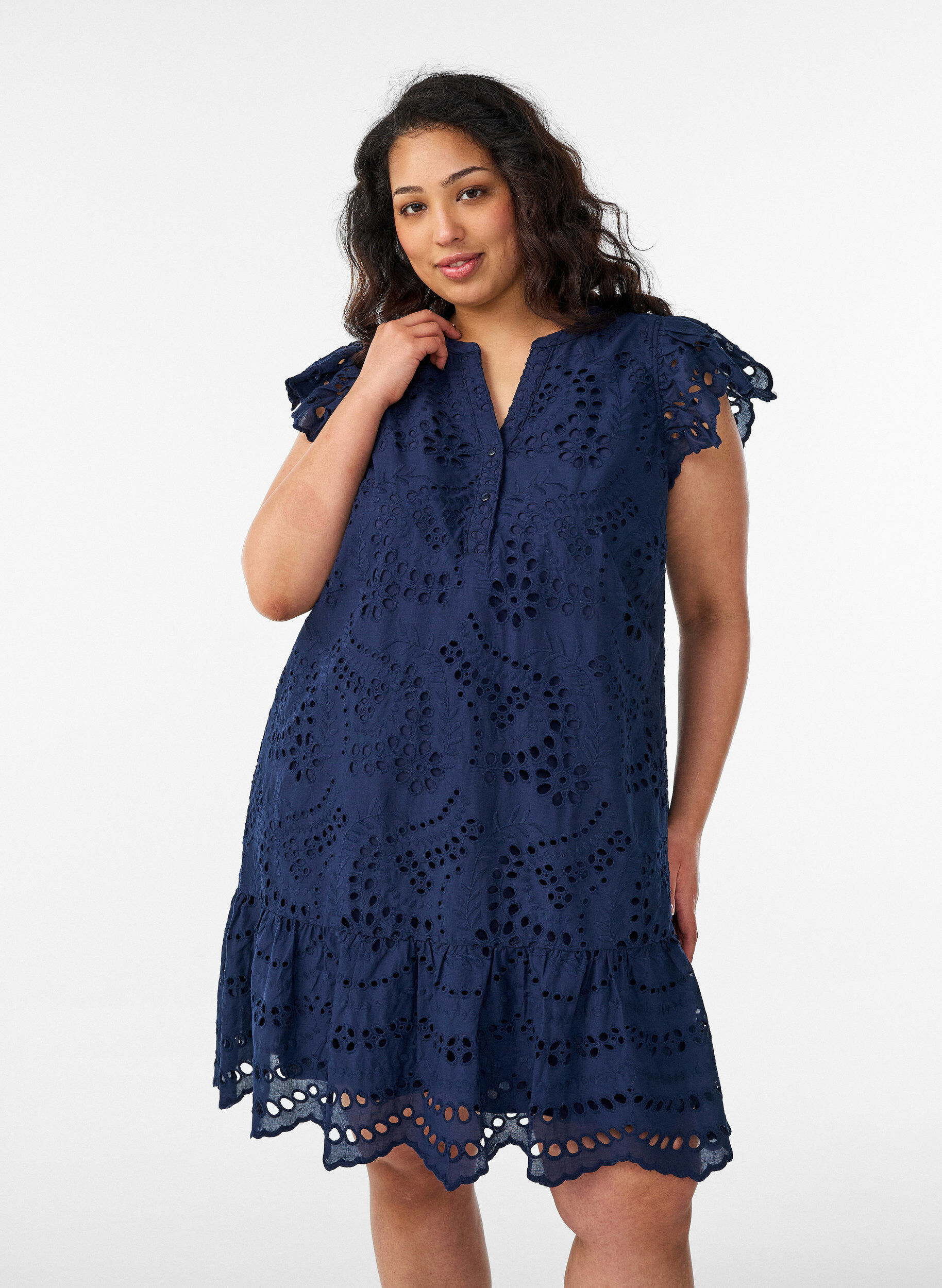 Zizzifashion Broderie anglaise dress with ruffle sleeves, Blue, Model image number 0