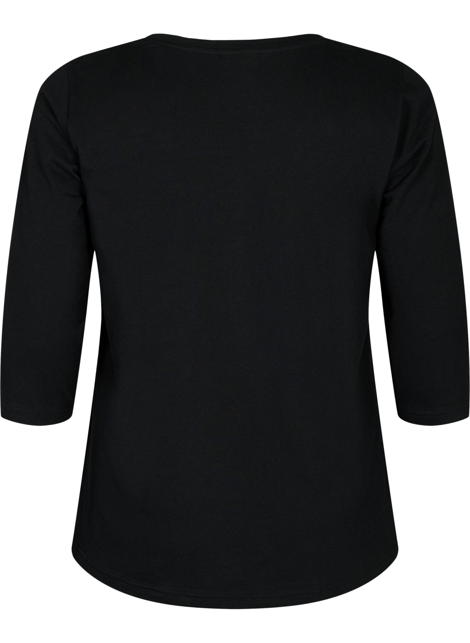 ZizzifashionBasic cotton t-shirt with 3/4 sleeves, Black, Packshot image number 1