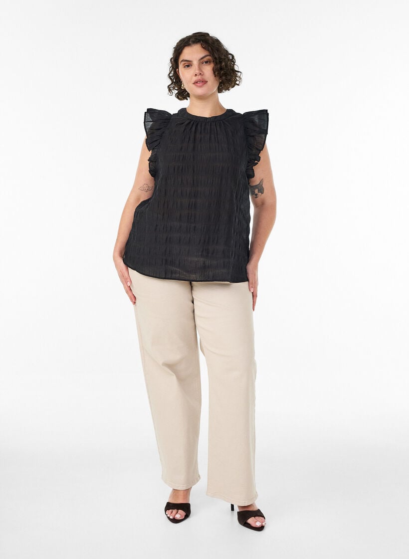 Sleeveless blouse with texture and ruffles, Black, Model image number 1