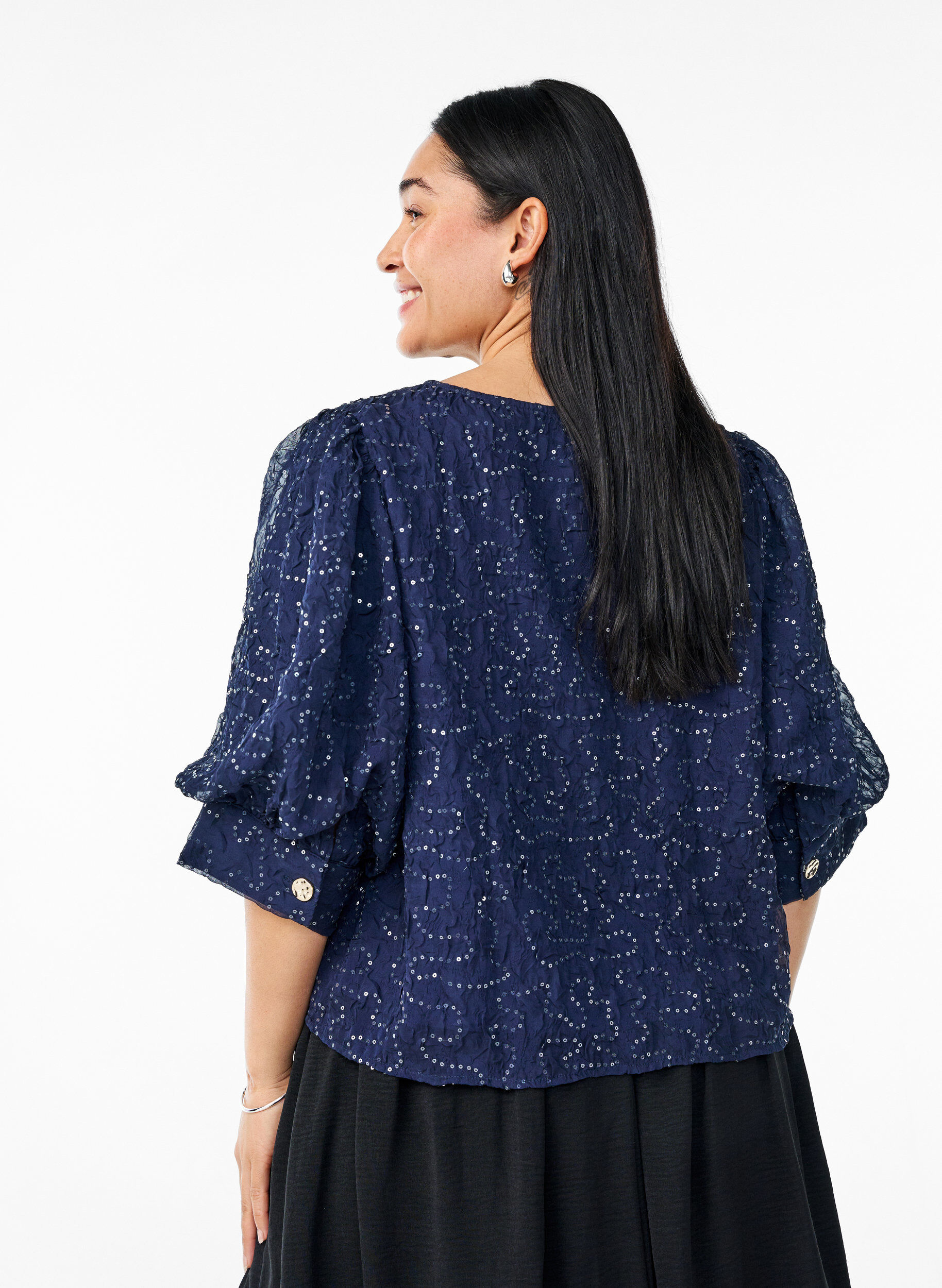 Zizzifashion Party blouse with sequins and 1/2 sleeves, Blue, Model image number 2