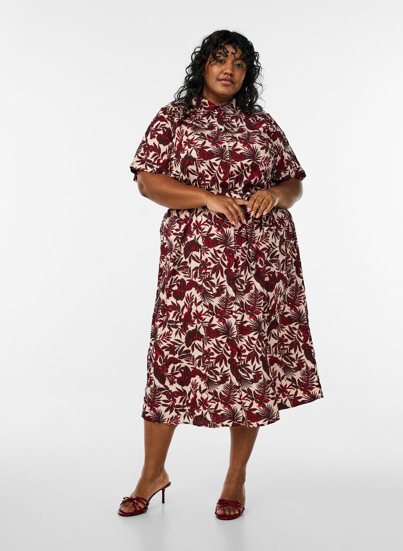 Midi-length shirt dress with floral print, Red, Model image number 0
