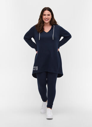 Long sweatshirt with v-neck and hood, Dark Sapphire, Model image number 2