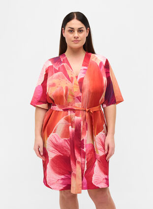 Printed robe with short sleeves, Orange Pink AOP, Model image number 0