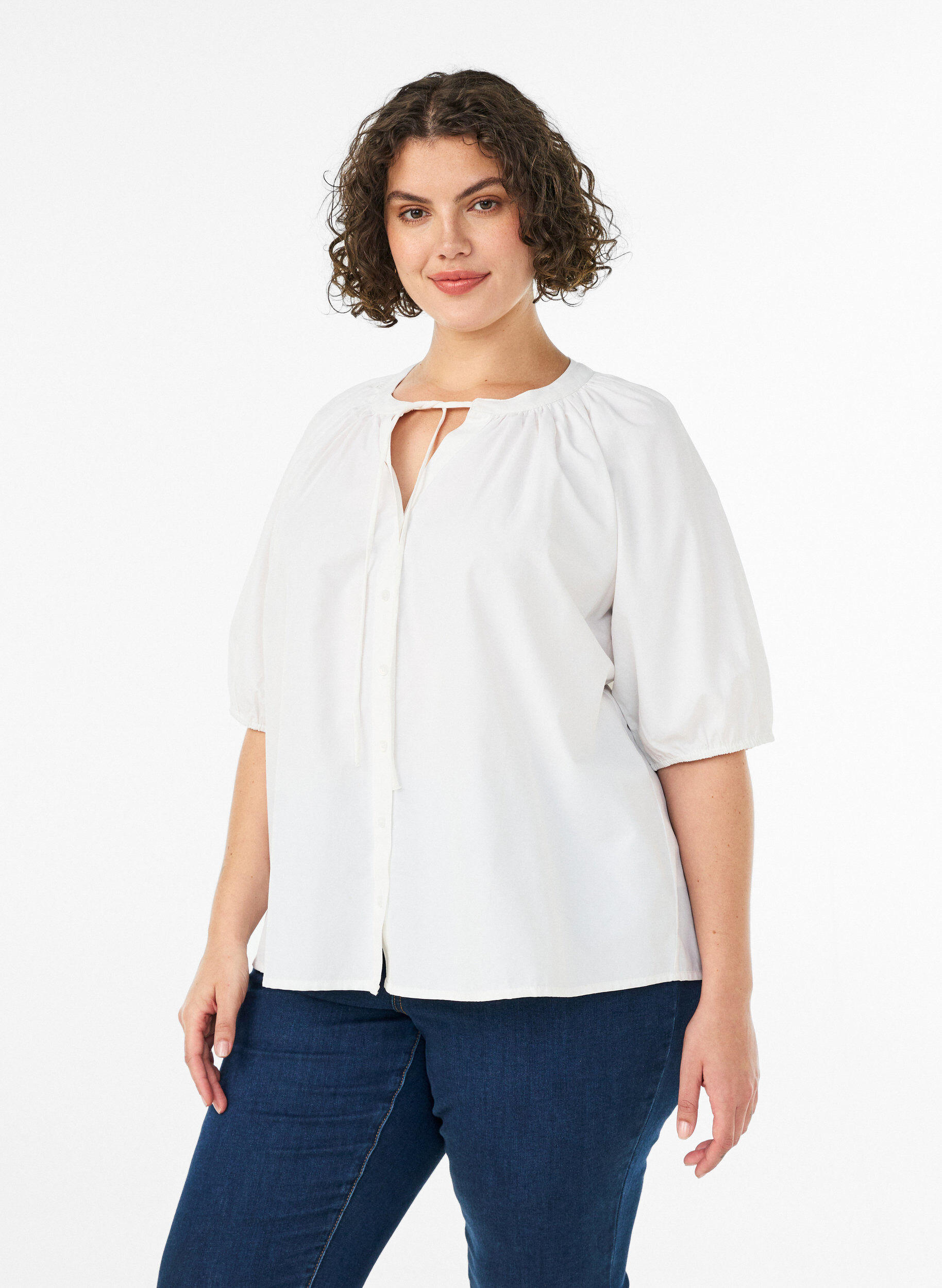 Shirt blouse with button fastening and tie-belt, White, Model