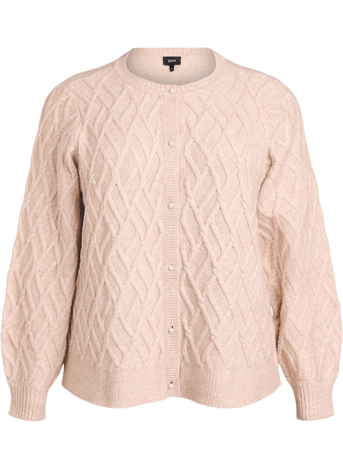 Cable knit cardigan with pearl buttons, Beige, Packshot image number 0