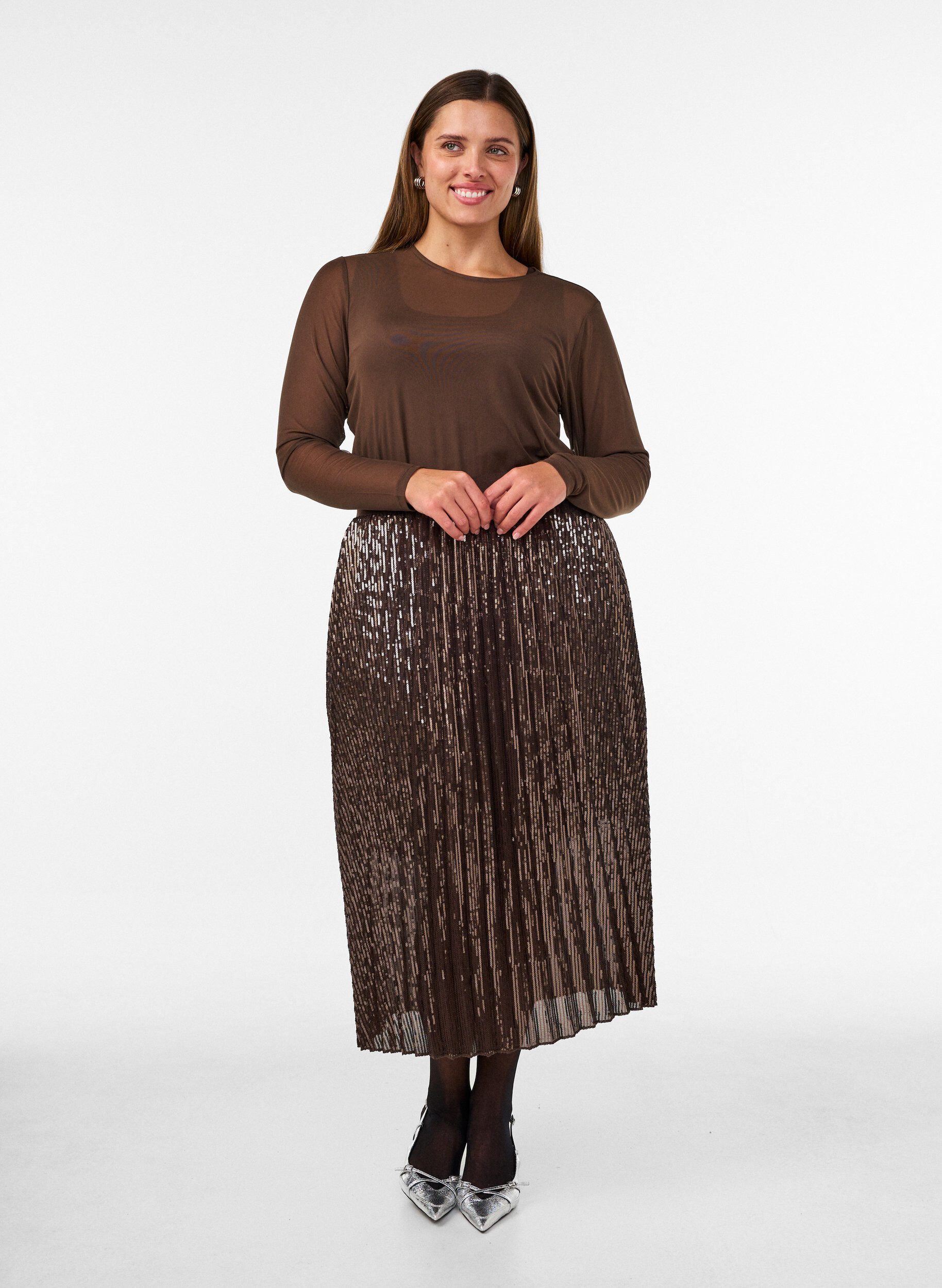 ZizzifashionA-line sequin midi skirt, Brown, Model image number 0