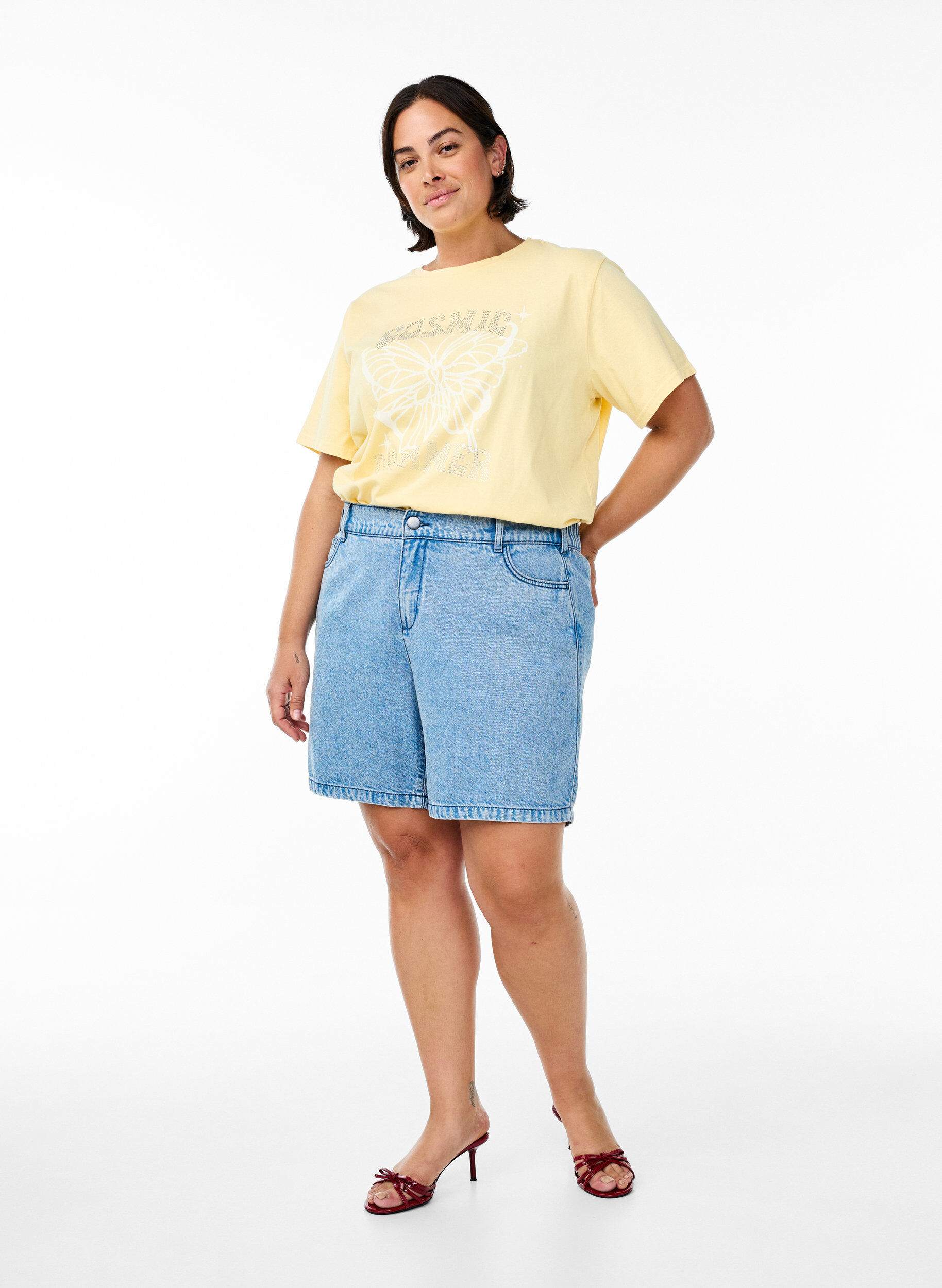 Zizzifashion Organic cotton T-shirt with rhinestones and butterfly motif, Beige, Model image number 1