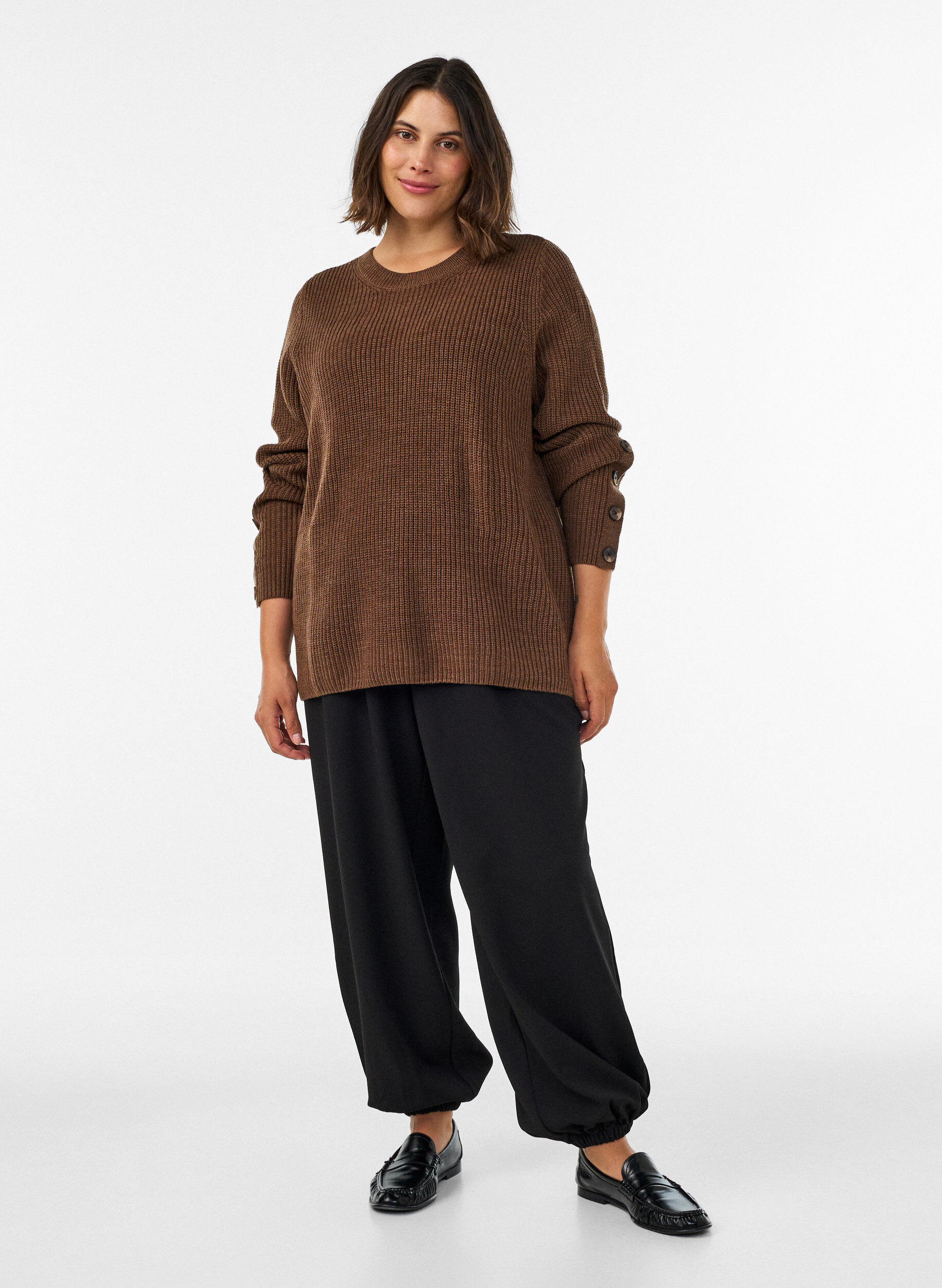 ZizzifashionKnitted blouse with ribbed texture and button details, Brown, Model image number 1