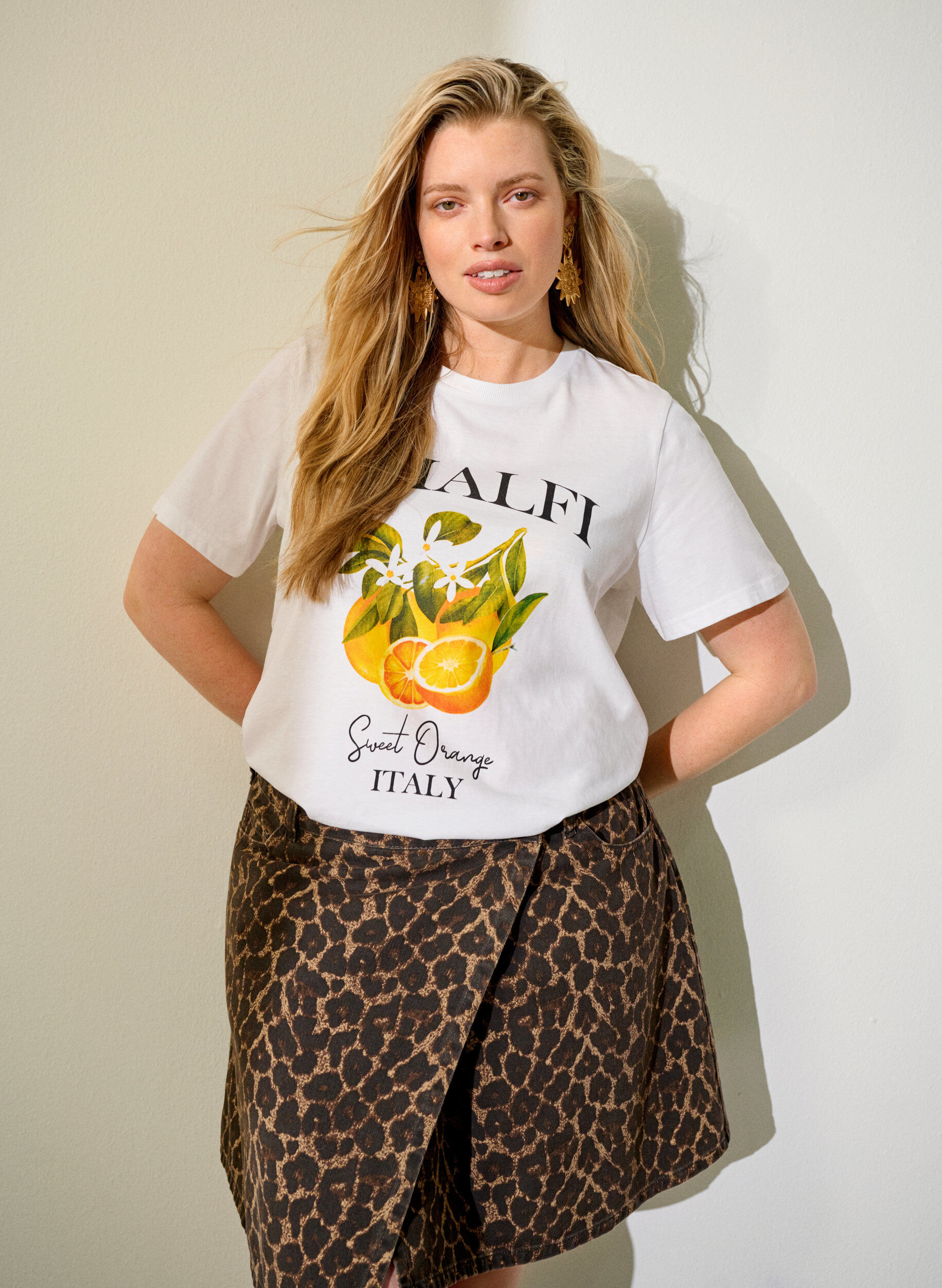 Zizzifashion Short denim skirt with leopard print and an A-line shape, Brown, Image image number 0