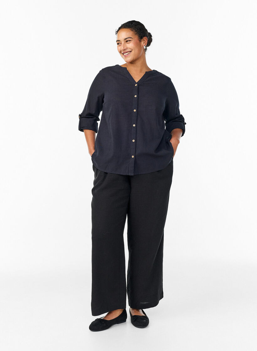 Cotton shirt blouse with V-neck, Black, Model image number 1