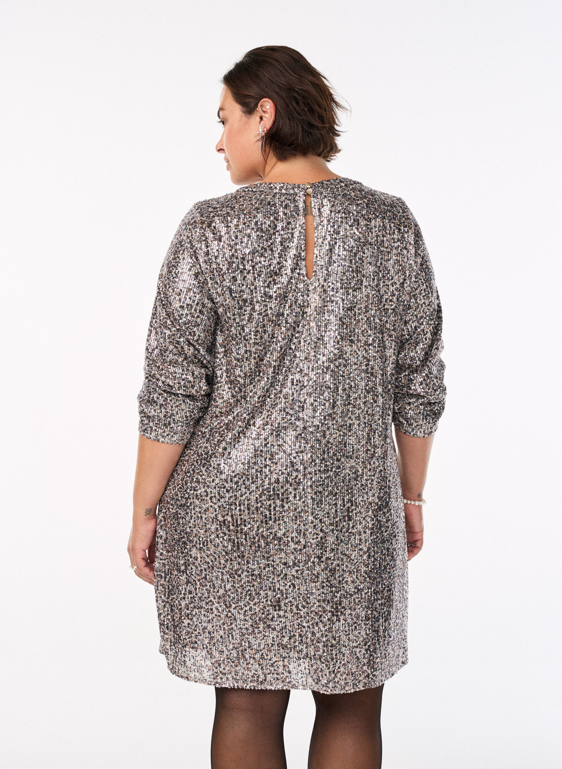Zizzifashion Short sequin dress with long sleeves, Brown, Model image number 2