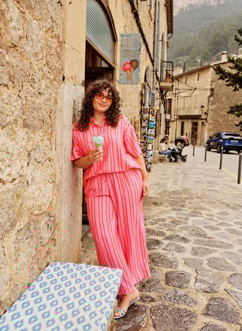 Striped trousers with a high waist and wide legs, Pink, Image image number 0