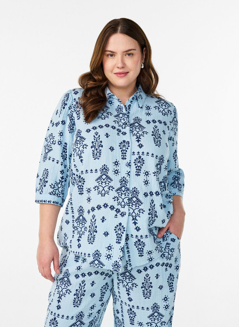 Shirt blouse with 3/4 sleeves, Light Blue, Model image number 0