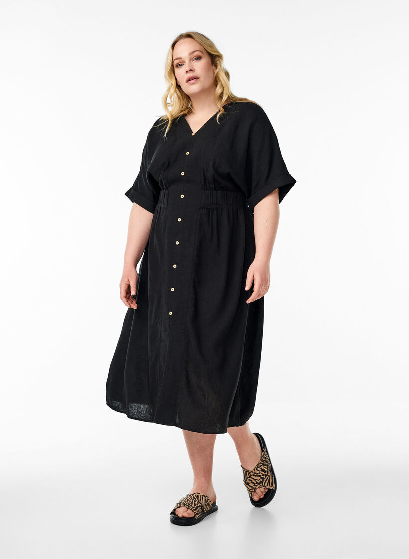 Linen and viscose midi dress with front slits, Black, Model image number 0