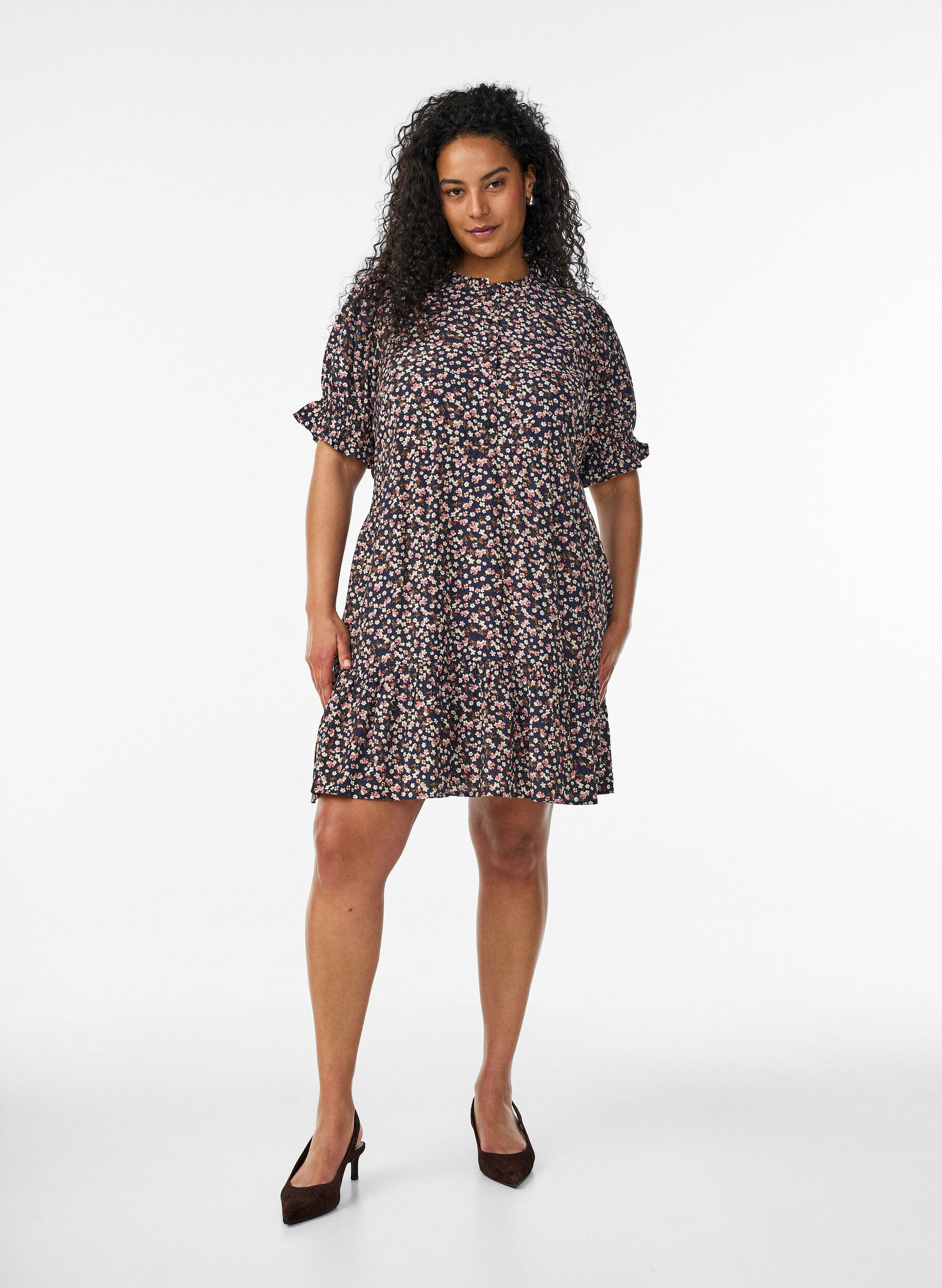 ZizzifashionShort viscose dress with ruffle details, Blue, Model image number 1