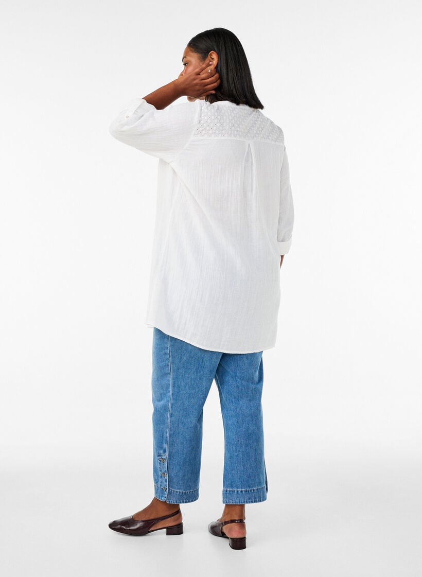 Cotton muslin tunic with broderie anglaise, White, Model image number 2