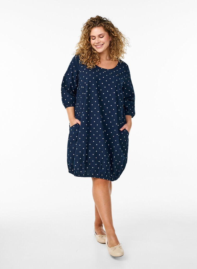 Short cotton dress with 3/4 sleeves and pockets, Blue, Model image number 1