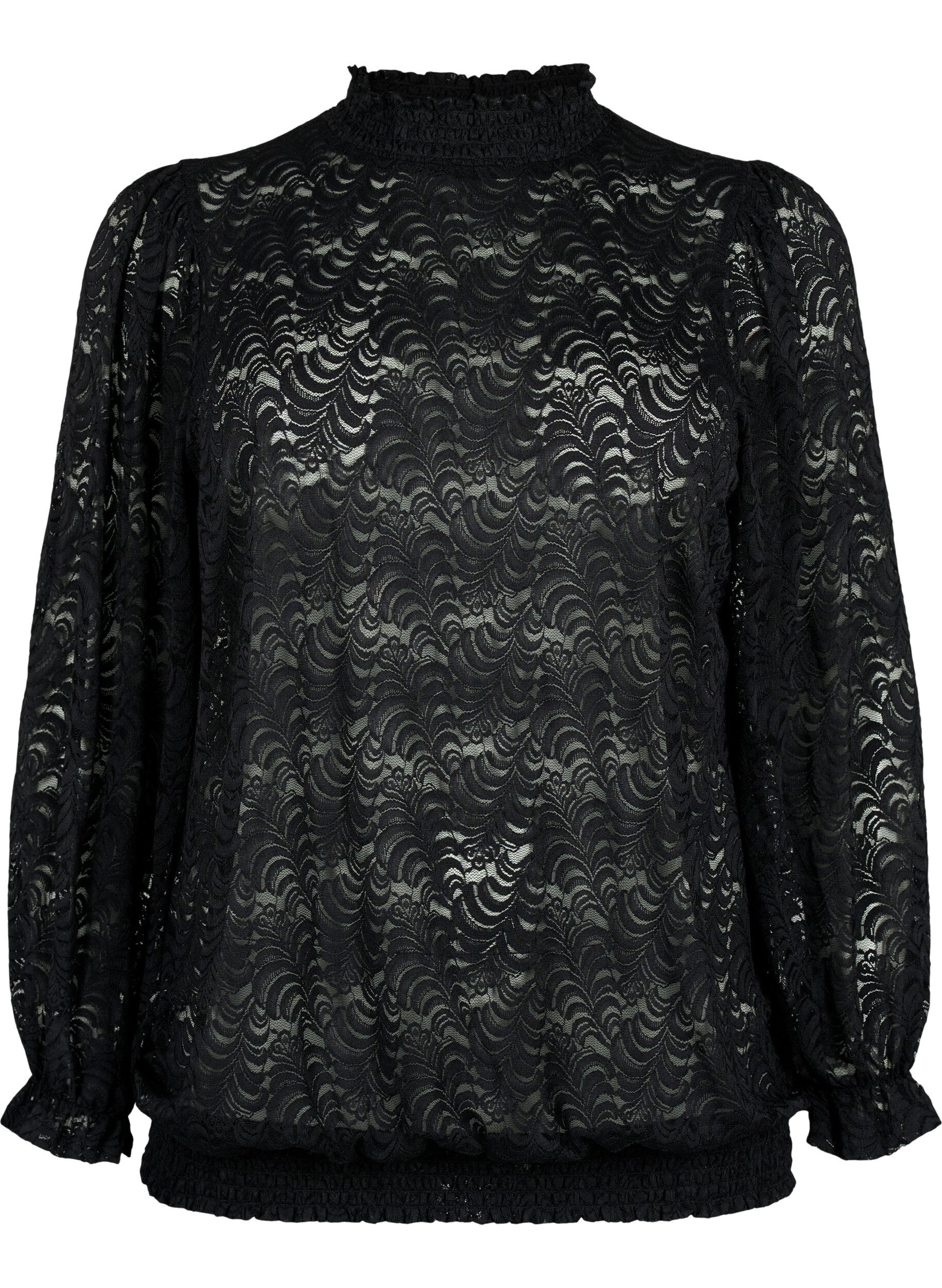 Zizzifashion Long-sleeved lace blouse with smock, Black, Packshot image number 0