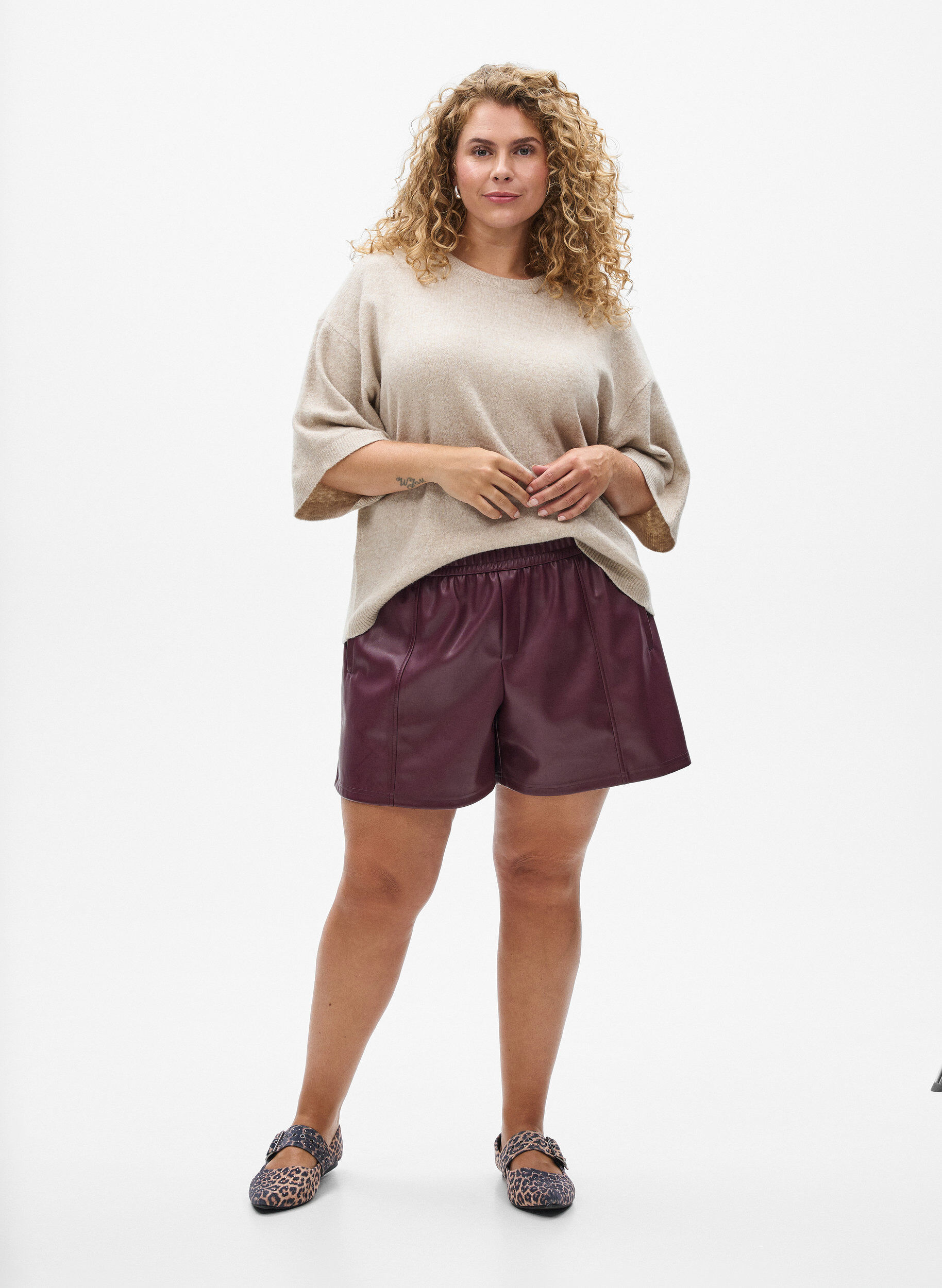 ZizzifashionLoose knitted blouse with short sleeves, Beige, Model image number 1