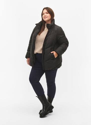 Short puffer Winter jacket with pockets, Black, Model image number 2