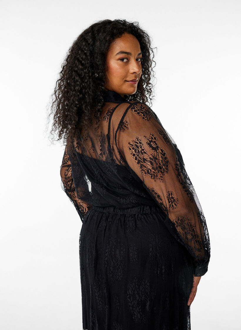 Transparent lace shirt with long sleeves, Black, Model image number 2