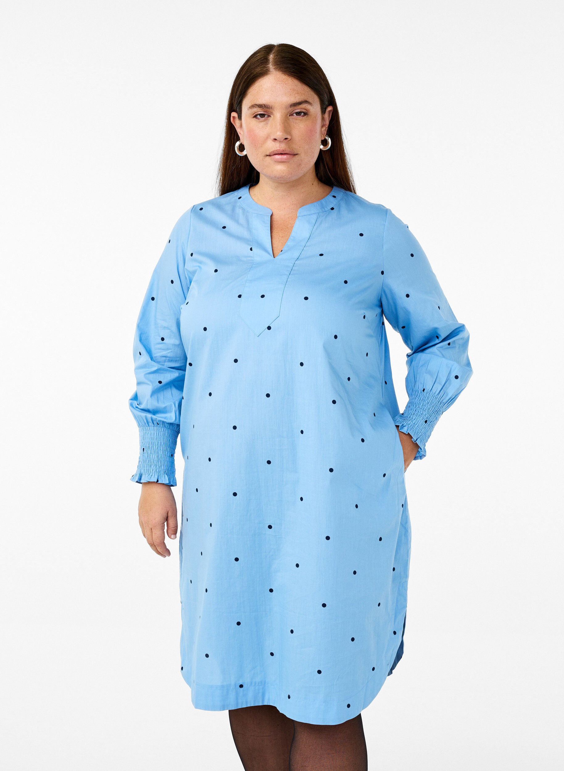 Zizzifashion Dress with polka dots and long sleeves, Light Blue, Model image number 0
