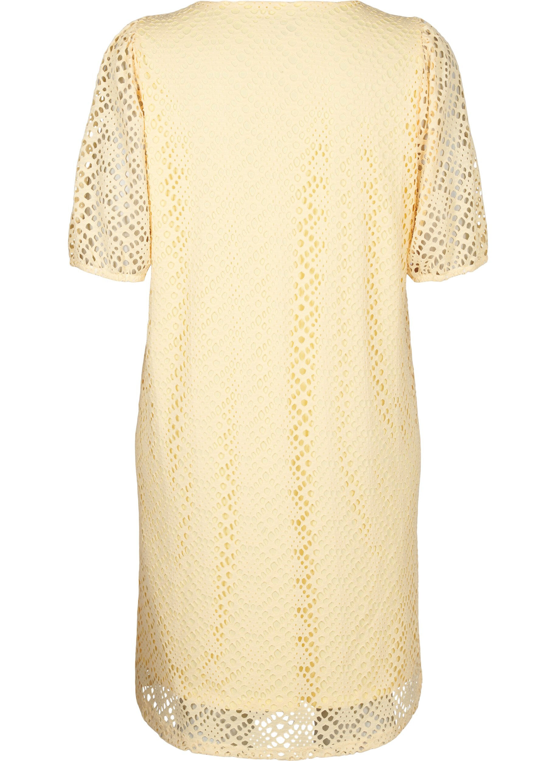 ZizzifashionKnee-length dress with eyelet pattern and short sleeves, Yellow, Packshot image number 1