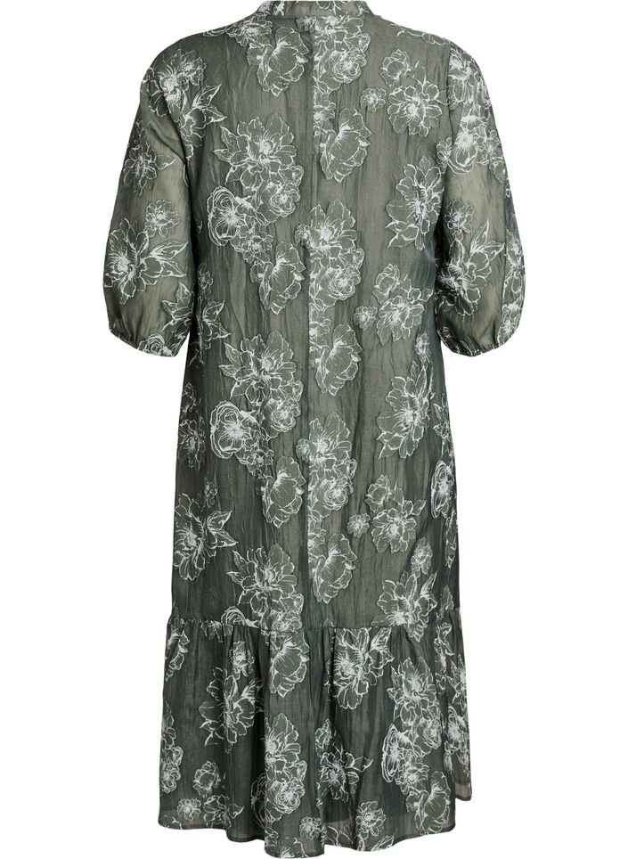 Midi dress with a floral print and sheer 3/4 sleeves, Green, Packshot image number 1