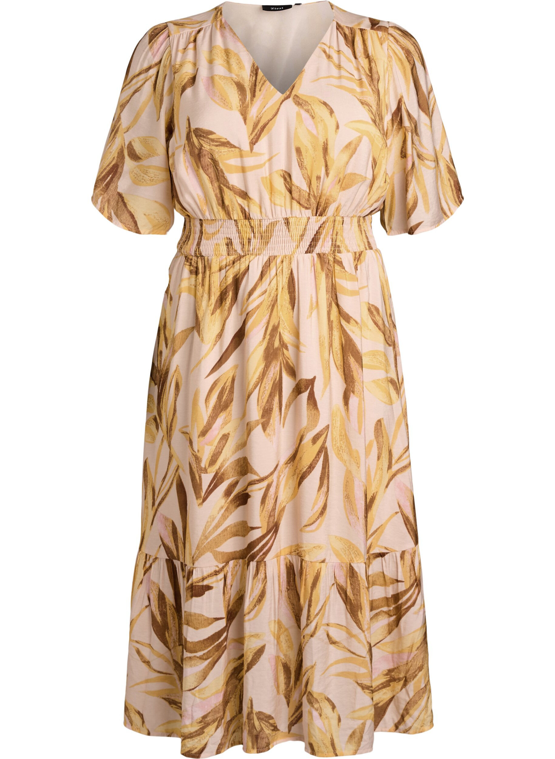 ZizzifashionViscose midi dress with leaf print and smocked waist, Yellow, Packshot image number 0
