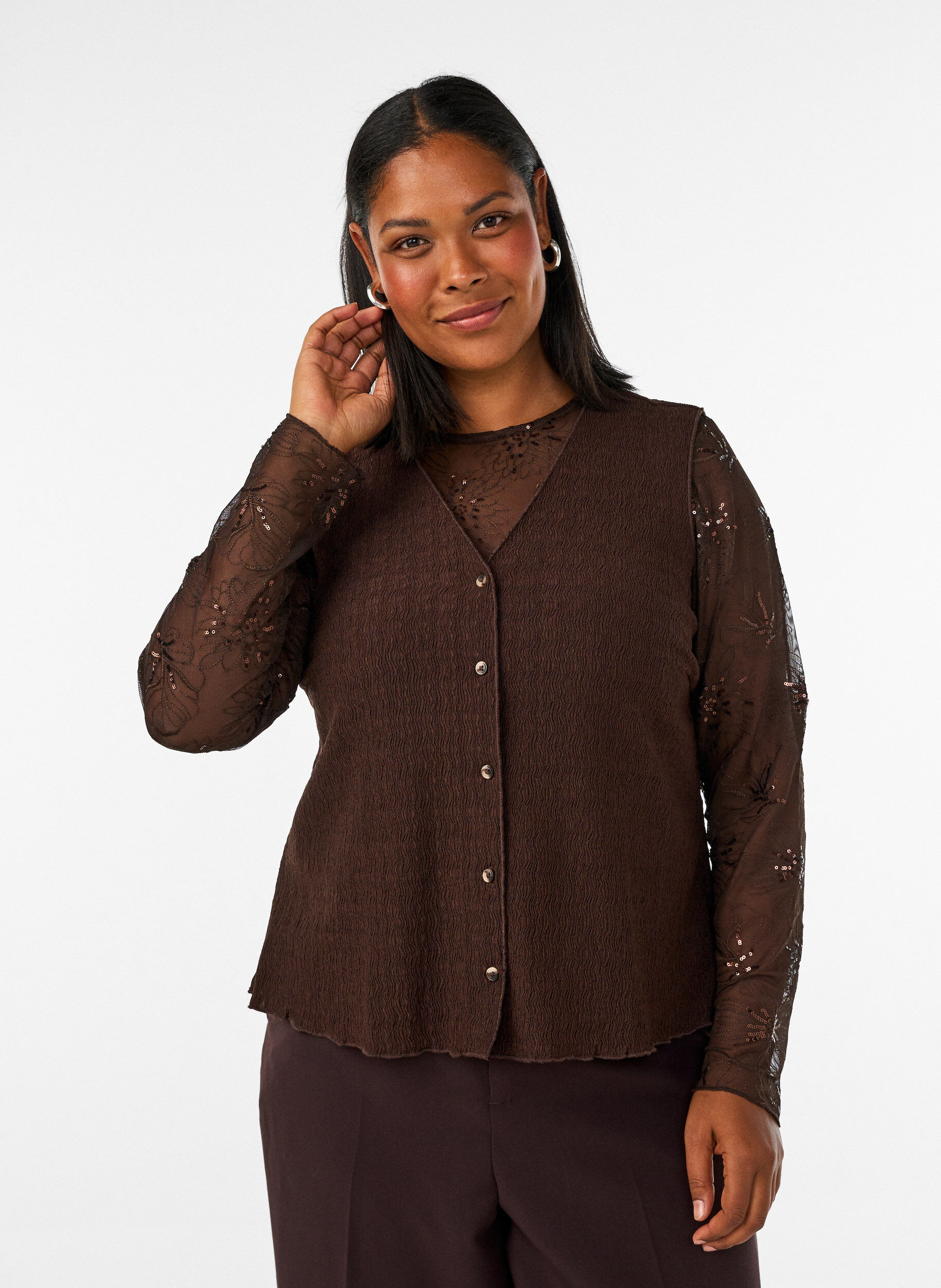ZizzifashionMesh blouse with flowers and sequins, Brown, Model image number 0