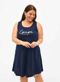 Sleeveless cotton dress with a-shape, Navy B. W. Escape, Model
