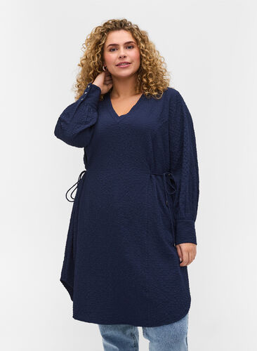 Long-sleeved dress with a v-neck and tie strings, Navy Blazer, Model image number 0