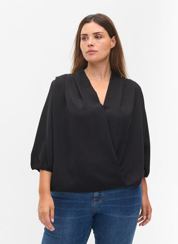 Wrap look blouse with v-neck and 3/4 sleeves, Black, Model image number 0