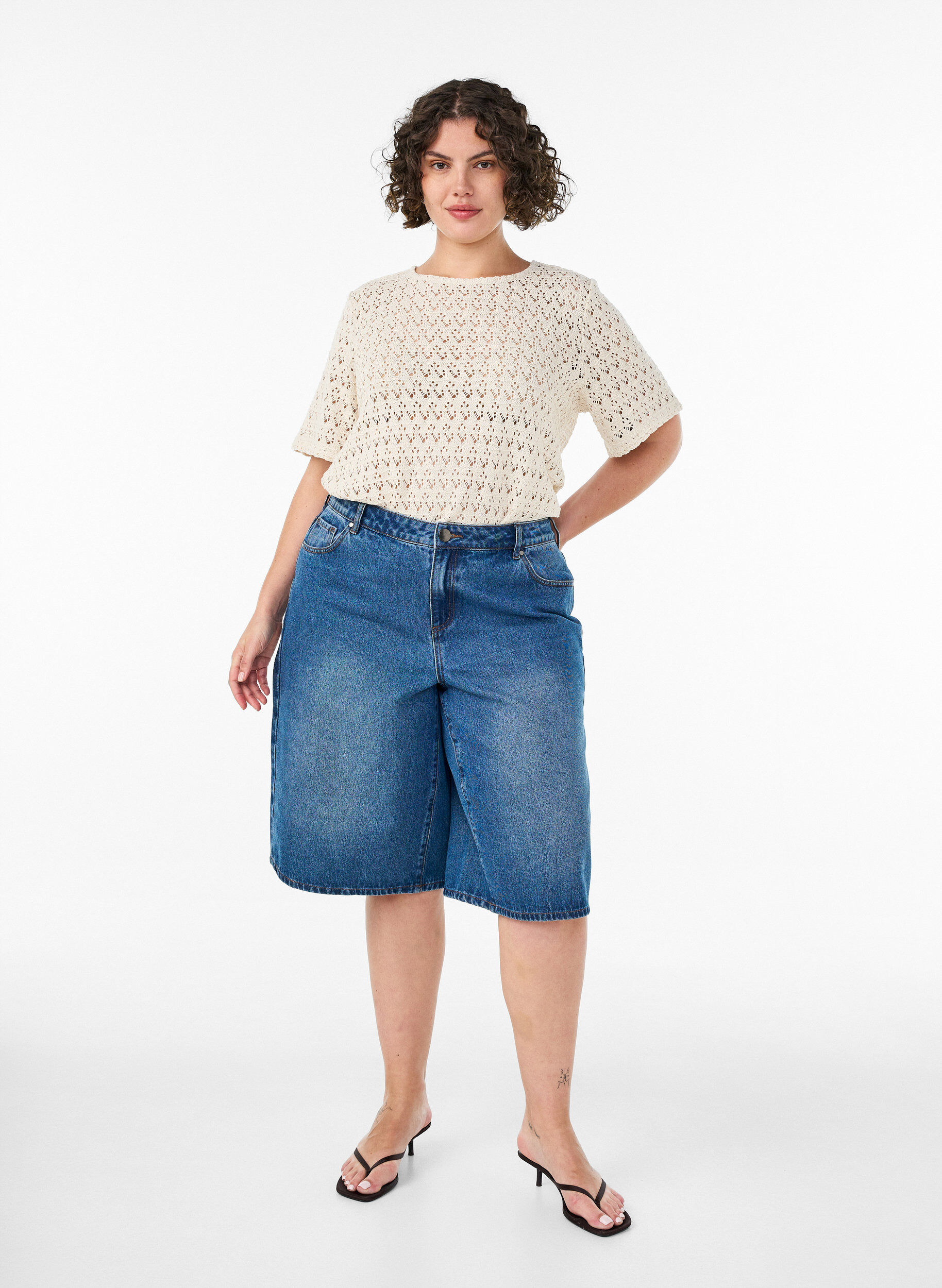 ZizzifashionShort-sleeved blouse with eyelet embroidery, Beige, Model image number 1