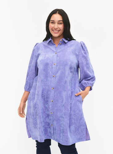 Corduroy dress with 3/4 sleeves and buttons, Lavender Violet, Model image number 0