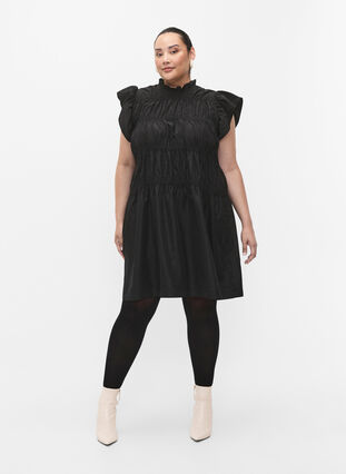 Dress with ruffles and elastic cutlines, Black, Model image number 4