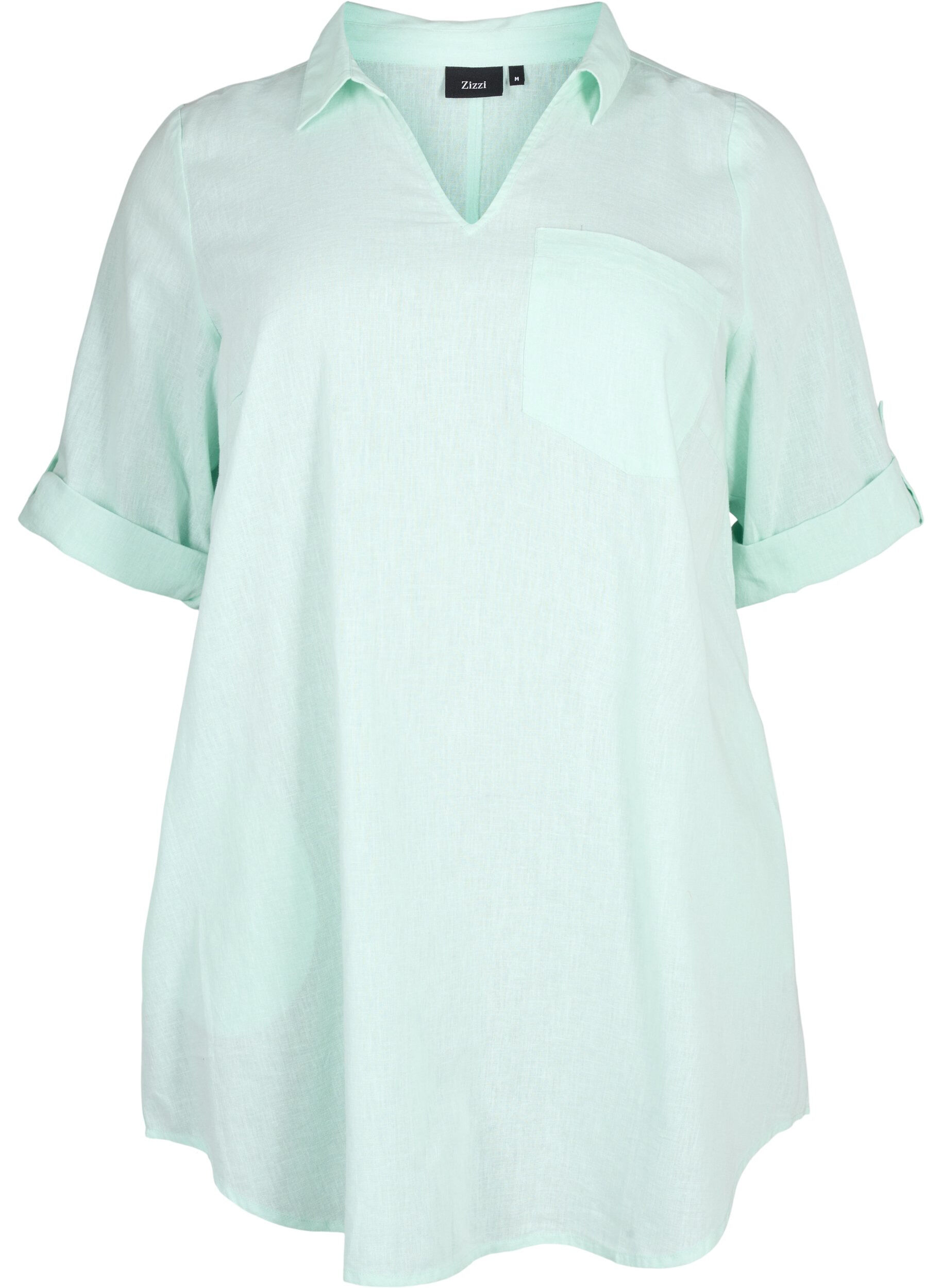 Zizzifashion Short-sleeved cotton blend tunic with linen, Brook Green, Packshot image number 0
