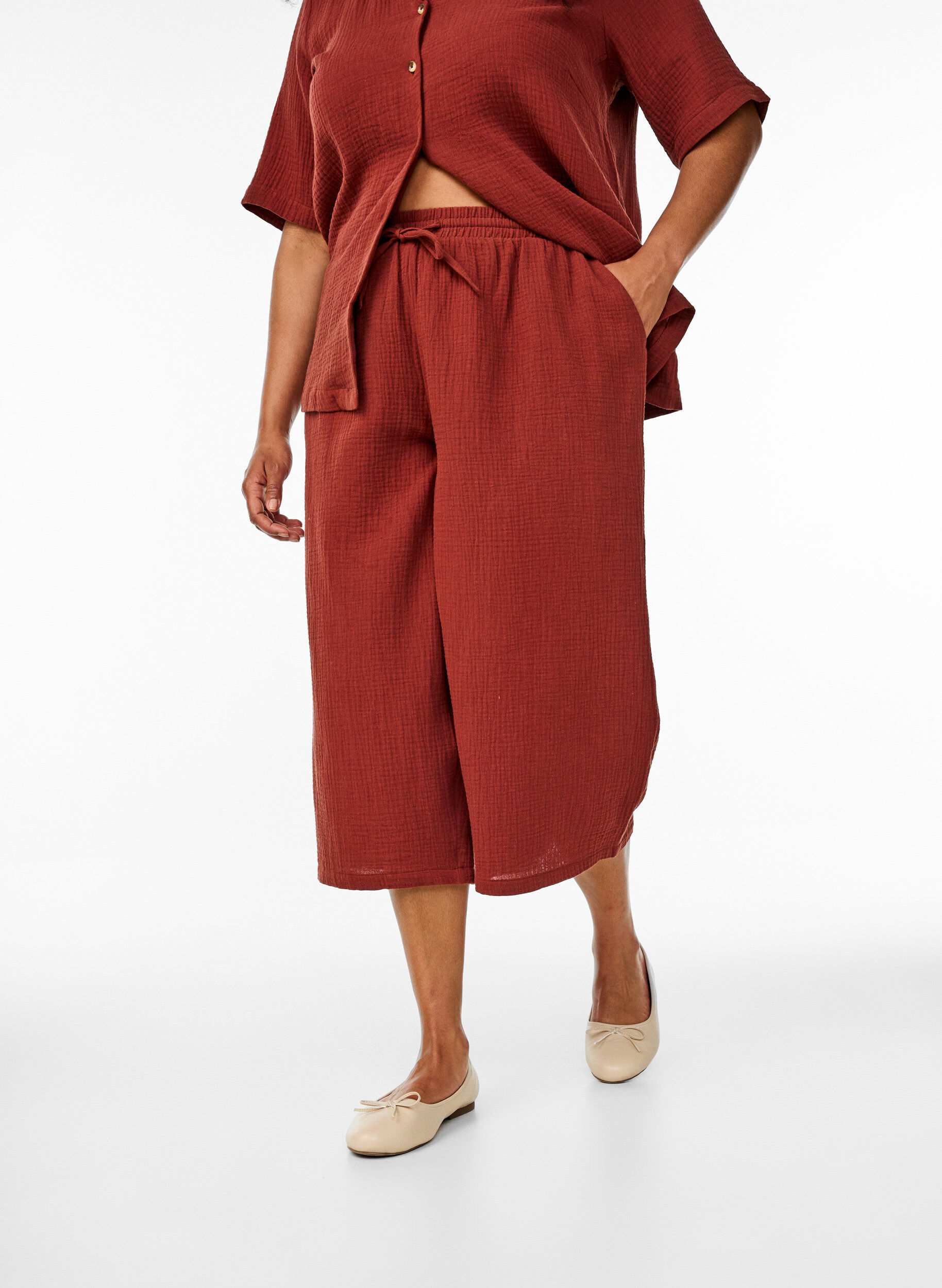 ZizzifashionCulotte trousers in cotton muslin with high waist, Red, Model image number 2