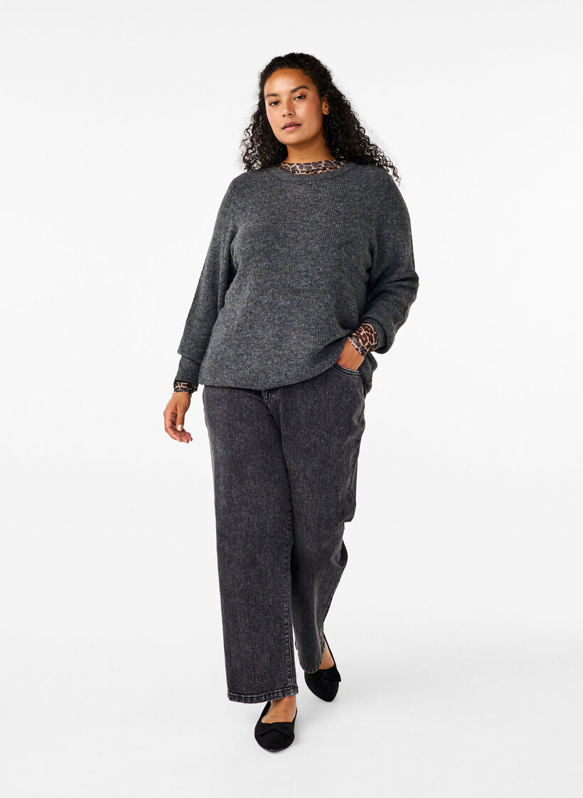 Melange sweater with round neck, Dark Grey Black Mel., Model image number 2