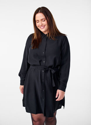 Shirt dress with tie belt and long sleeves - Black - Sz. XS - Zizzifashion Shirt dress with tie belt and long sleeves - Black - Sz. XS - Zizzifashion