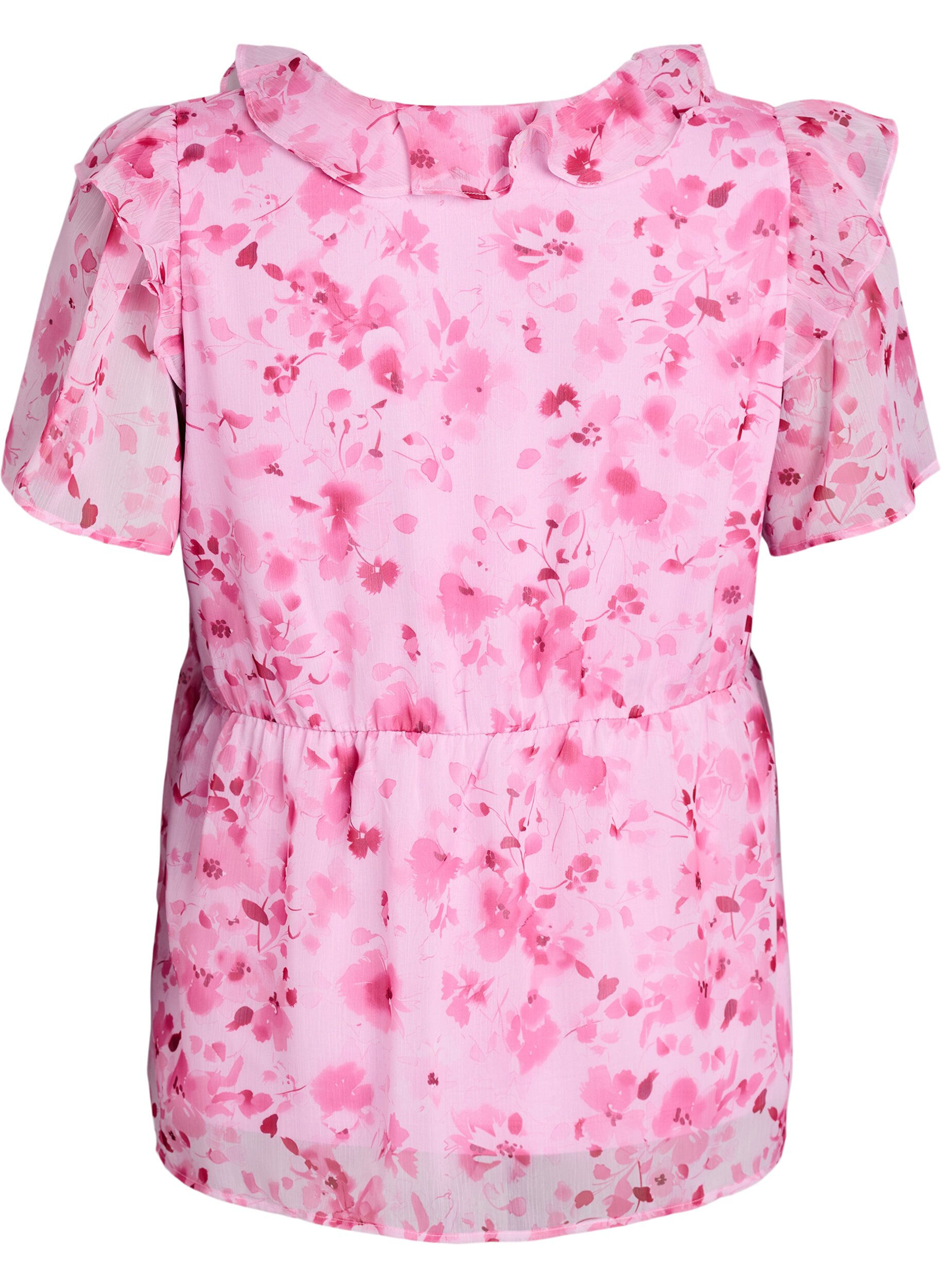 ZizzifashionFloral blouse with a frill collar and peplum effect, Pink, Packshot image number 1