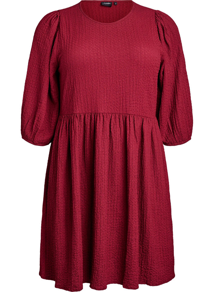 Short dress with texture and 3/4 sleeves, Dark Bordeaux, Packshot image number 0