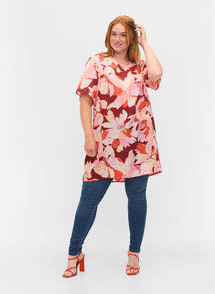 Floral viscose tunic with short sleeves, Bordeaux Flower AOP, Model image number 2