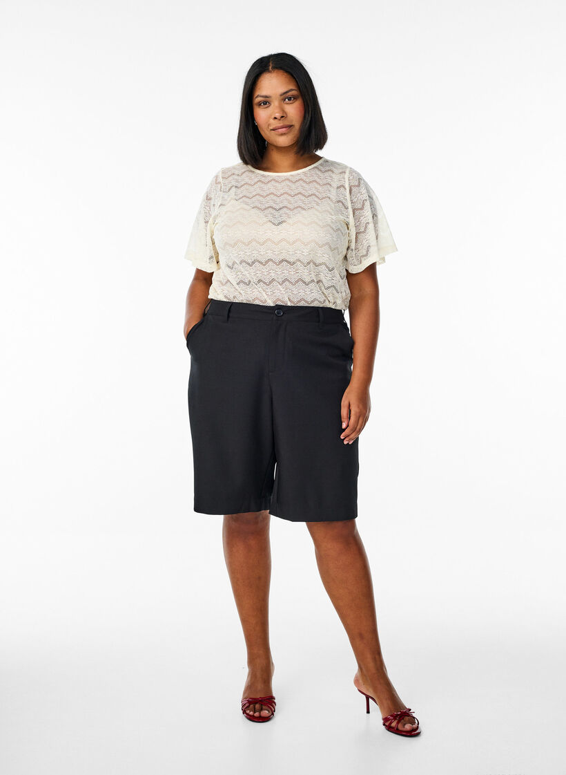 Lace blouse with short sleeves and scalloped hem, Vanilla, Model image number 1