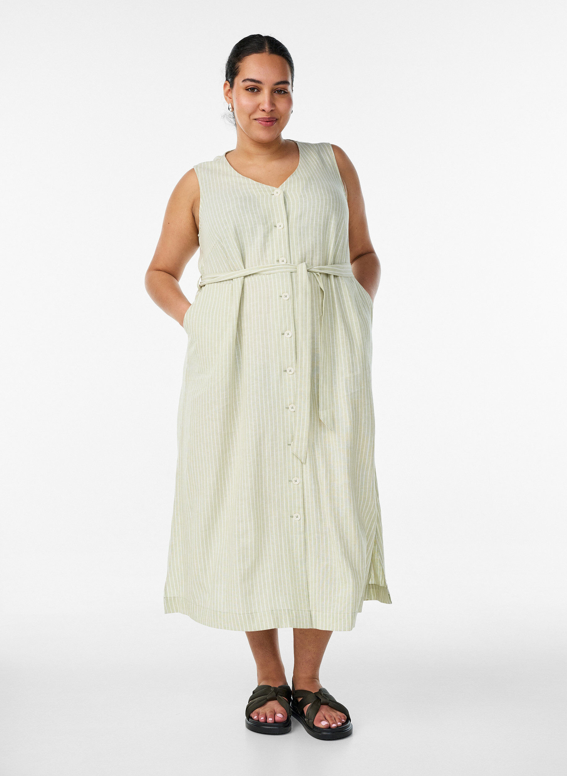 ZizzifashionSleeveless striped midi dress in linen and viscose, Green, Model image number 0